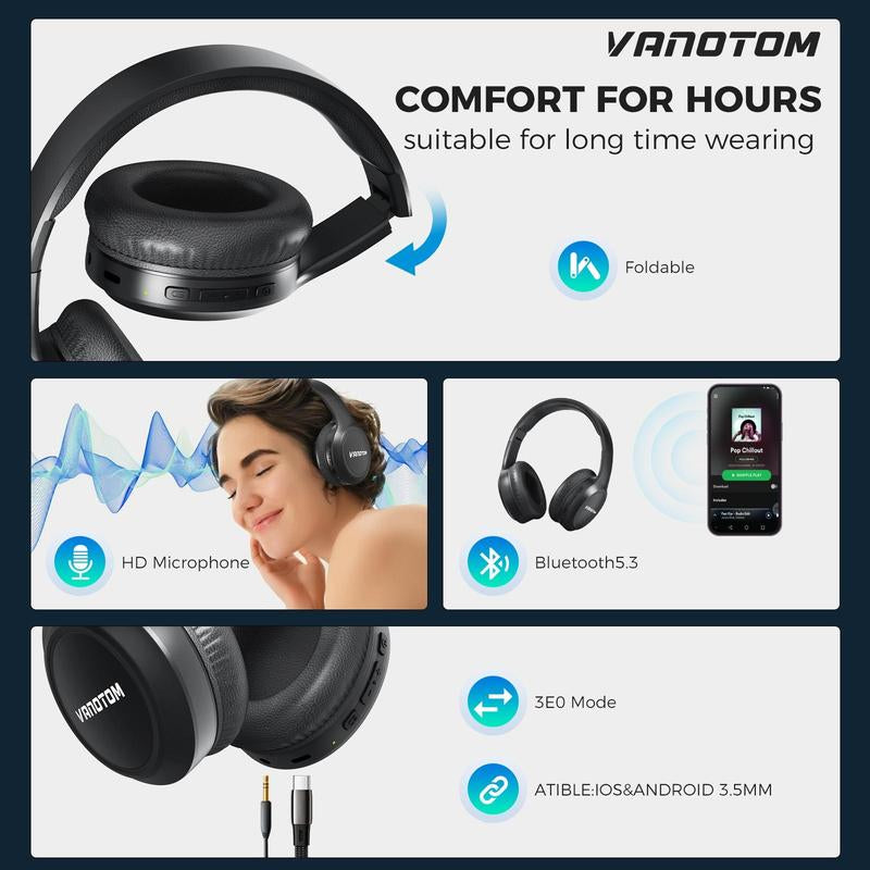 VANOTOM Wireless Headphone, Wireless Headset for Gaming, Foldable Headphone for Phones, Computers, MP3, Fun Gift, Electronics Gift to Return to School